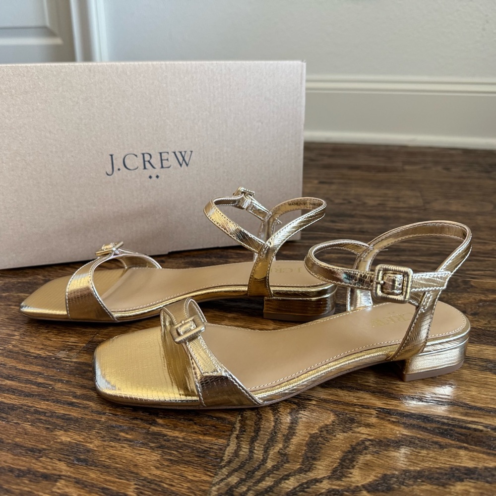 J. Crew Metallic Gold Textured Ankle-Strap Sandals - Size 7